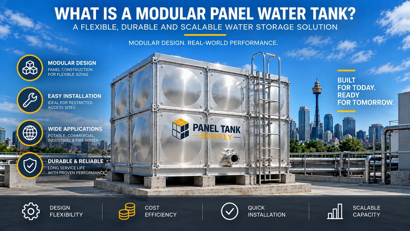 Modular stainless steel panel water tank assembled from sectional panels