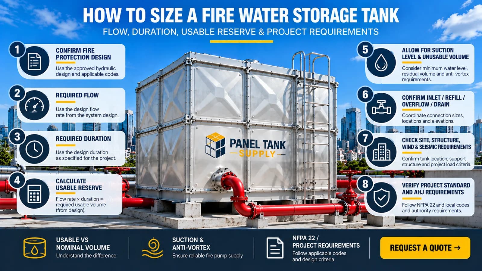 Fire water storage tank showing key fire protection tank sizing requirements